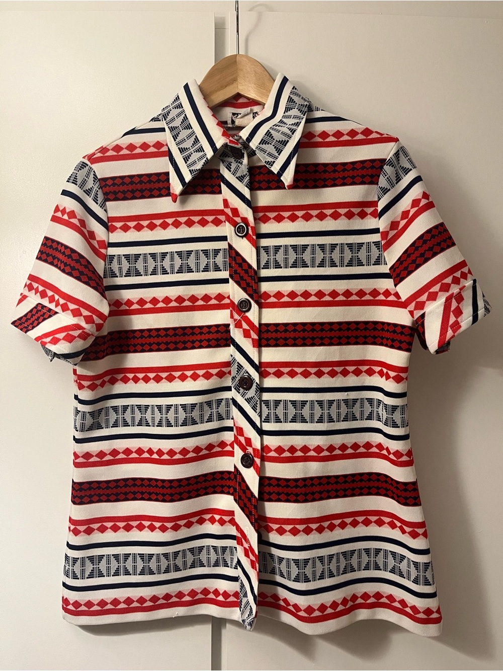 Vintage Short-Sleeve Button-Down Shirt in Red, Navy & White